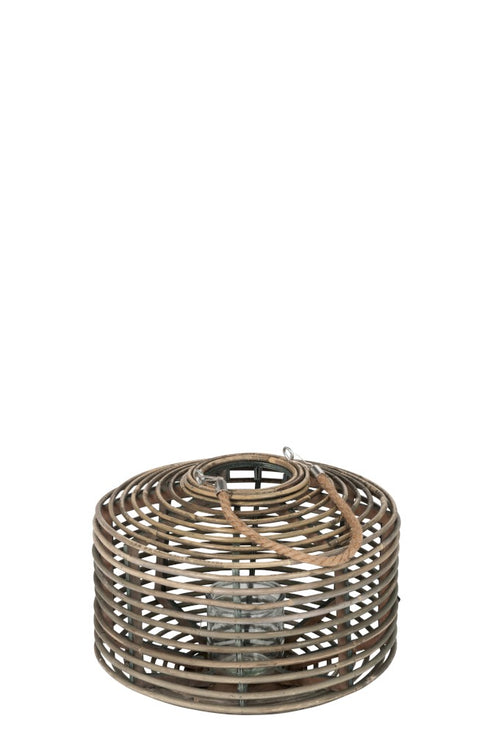 Laterne Asia flach, rund, Windlicht Rattan natur