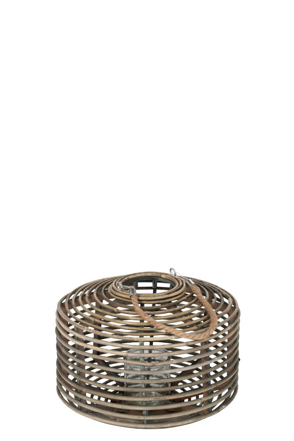 Laterne Asia flach, rund, Windlicht Rattan natur