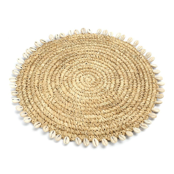 Bazar Bizar runde Wanddeko aus Bast mit Muschelborte, Tischuntersetzer rund Boho, Platzdeckchen 37cm