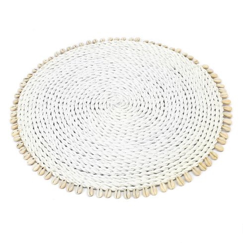 Bazar Bizar runde Wanddeko aus Seegras mit Muschelborte, Tischuntersetzer rund Boho weiß, Platzdeckchen 38cm