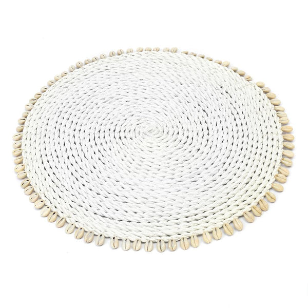 Bazar Bizar runde Wanddeko aus Seegras mit Muschelborte, Tischuntersetzer rund Boho weiß, Platzdeckchen 38cm