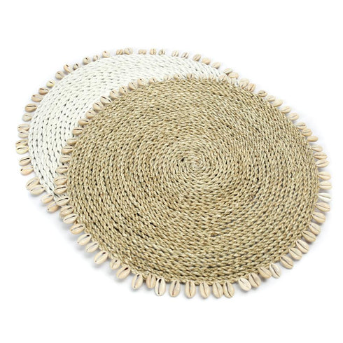 Bazar Bizar runde Wanddeko aus Seegras mit Muschelborte, Tischuntersetzer rund Boho weiß, Platzdeckchen 38cm