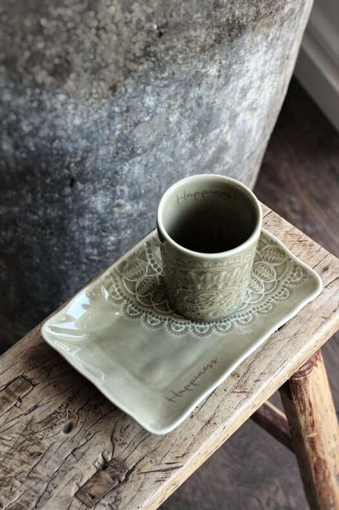 Majas Cottage Boho Kaffee Becher Happiness, Kaffeetasse Mandala Vintage, Salbei Schlamm grün