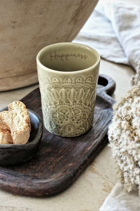 Majas Cottage Boho Kaffee Becher Happiness, Kaffeetasse Mandala Vintage, Salbei Schlamm grün