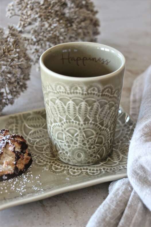 Majas Cottage Boho Kaffee Becher Happiness, Kaffeetasse Mandala Vintage, Salbei Schlamm grün