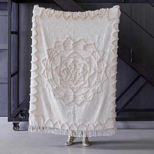 Boho Decke Lotus, Boho Plaid Bio-Baumwolle natur, 150x200cm