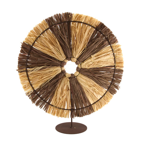 Boho Deko Raffia auf Standfuß gross, Dekoobjekt Kreis Ethno, natur