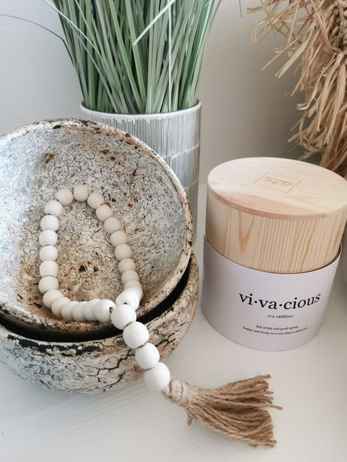 Hängedeko, Boho Kette Holzperlen Quaste, Dekokette Ibiza