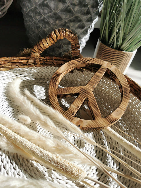 Boho Deko PEACE Zeichen aus Holz geflammt, handmade, MAKE LOVE NOT WAR