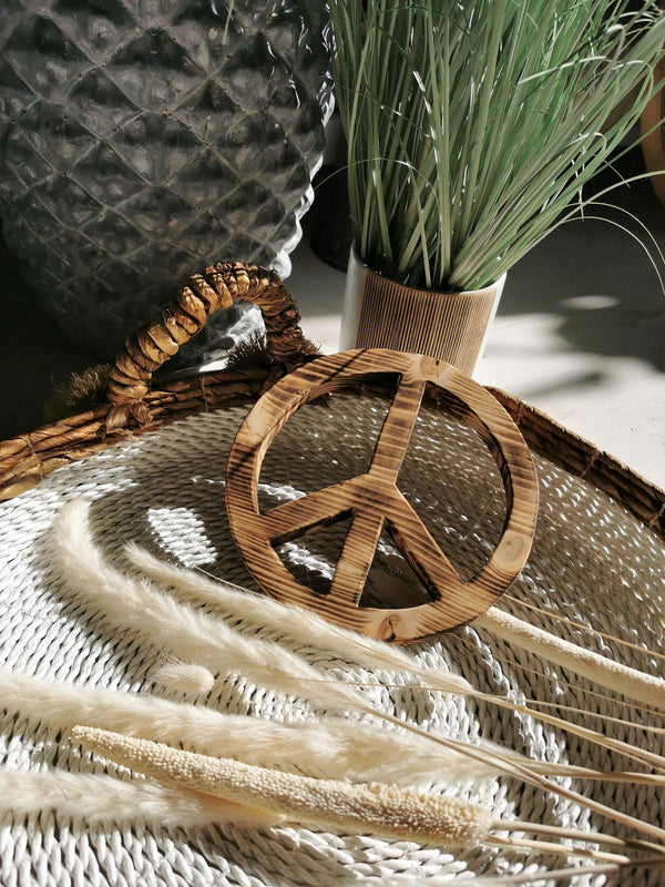 Boho Deko PEACE Zeichen aus Holz geflammt, handmade, MAKE LOVE NOT WAR