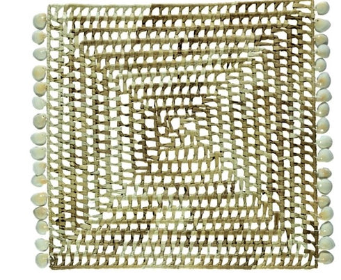 Tischdeko aus Palmblättern mit Muschelborte, Tischuntersetzer quadratisch Boho, Platzdeckchen, natur-weiß