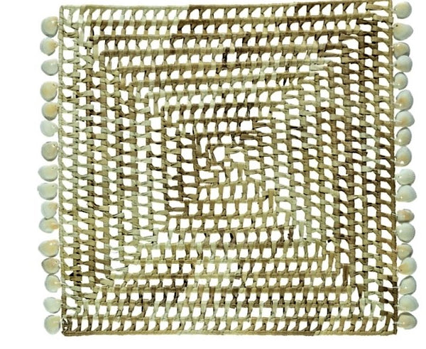 Tischdeko aus Palmblättern mit Muschelborte, Tischuntersetzer quadratisch Boho, Platzdeckchen, natur-weiß