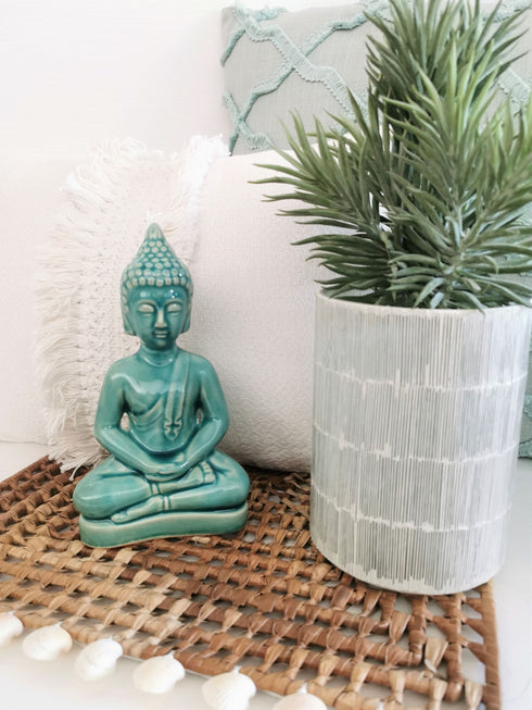 Tischdeko aus Palmblättern mit Muschelborte, Tischuntersetzer quadratisch Boho, Platzdeckchen, natur-weiß