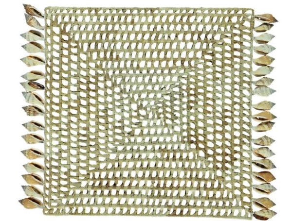 Tischdeko aus Palmblättern mit Muschelborte, Tischuntersetzer quadratisch Boho, Platzdeckchen, natur