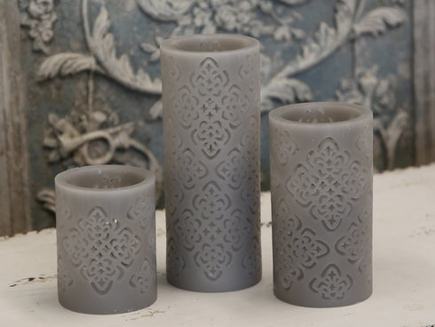 LED Echtwachskerze, mit Ornamenten groß, Shabby-Chic