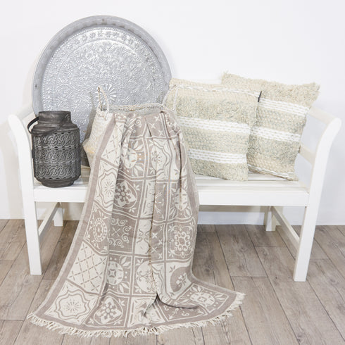 Makramee Kissen beige/indigo, Boho/Ibiza, 45x45cm