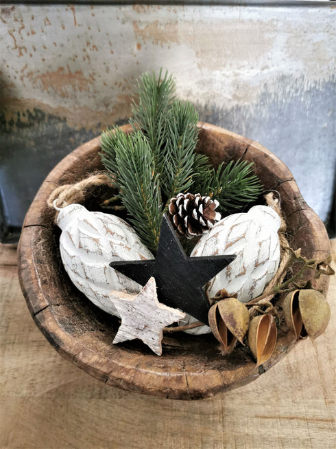 Deko Anhänger Zapfen Holz geschnitzt, vintage weiß, H:11cm