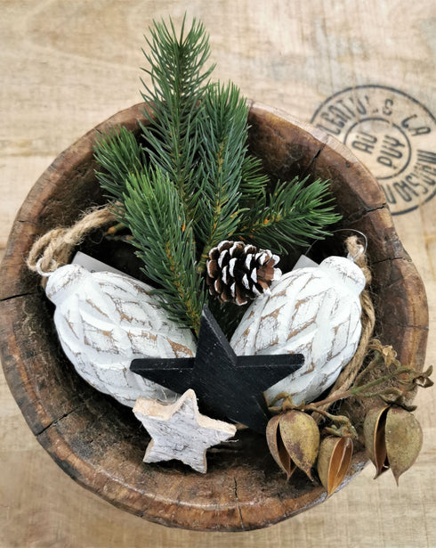 Deko Anhänger Zapfen Holz geschnitzt, vintage weiß, H:11cm