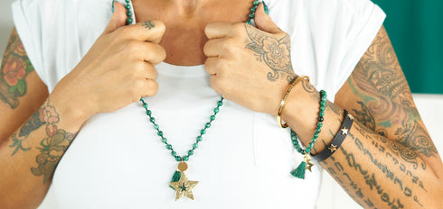 Perlenkette Naturstein, geknüpft, STAR, grün