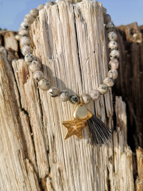 Perlenarmband Naturstein, STAR, grau