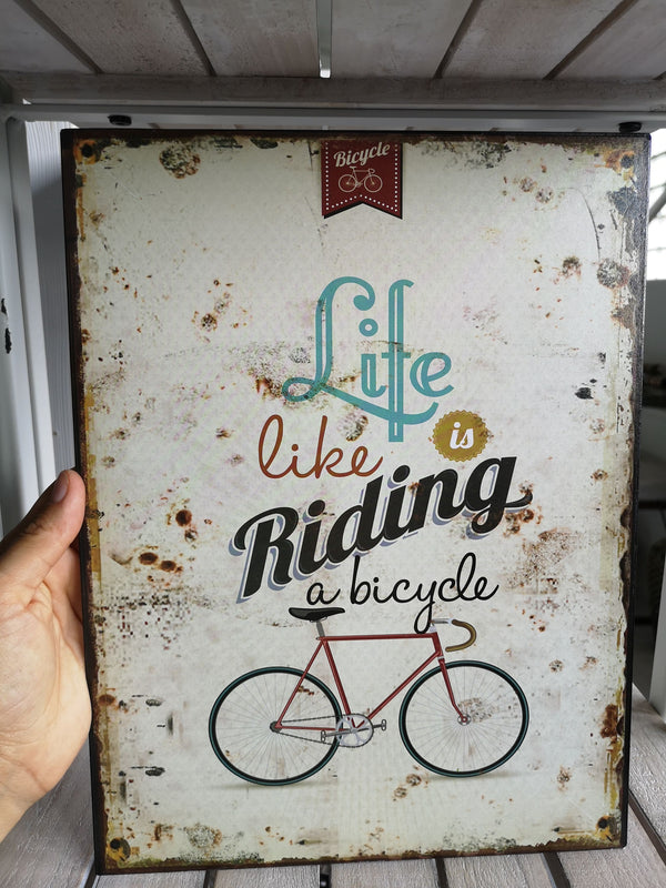 Wandschild aus Metall, Retroschild, Wanddekoration, Life is like riding a Bicycle