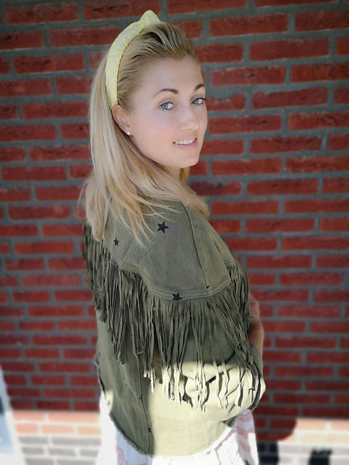 Jeansjacke Gipsystyle mit Fransen und Sternen, khaki-schwarz