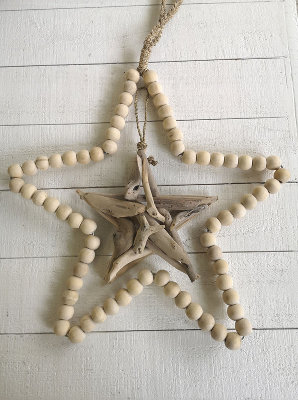 Ibiza Wanddeko Holzstern Holzperlen, natur