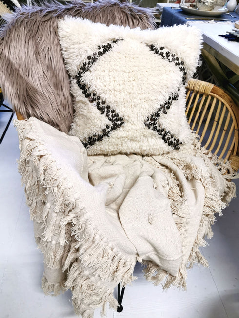 Kokon Boho Kissenhülle Wolle mit Pailetten 45x45, creme