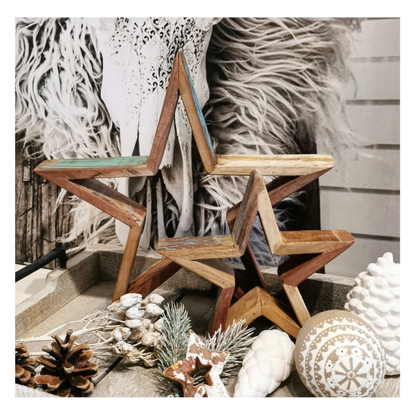 Holzsterne, Dekosterne, recyceltes Altholz, handmade 2tlg. farbig, SECONDLOVE