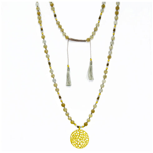 Kette Drako, Hämatit, Achat goldgelb, Rutilquarz, 925 Silber vergoldet, handmade, Boho