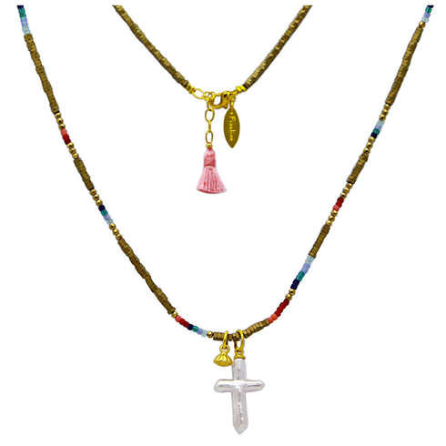 Hippie Halskette 925 Silber vergoldet, Hämatit, Keshi Perle Cross, handmade, Bohemian