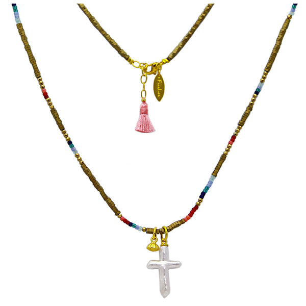 Hippie Halskette 925 Silber vergoldet, Hämatit, Keshi Perle Cross, handmade, Bohemian