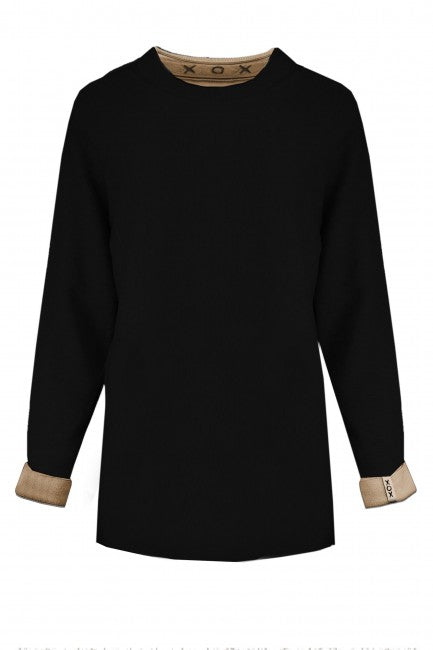 XOX Pullover Feinstrick Rundhals, Longsleeve, schwarz-beige - Fair Trade