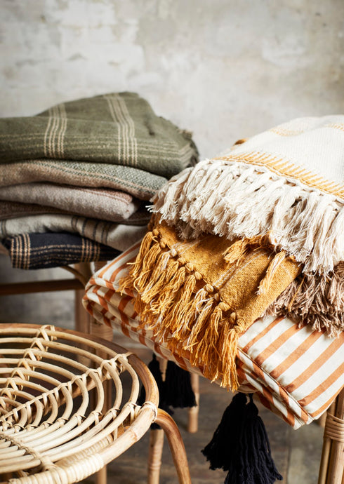 Madam Stoltz Plaid, Boho-Decke recycling cotton natur-beige, 125x150cm, SECONDLOVE