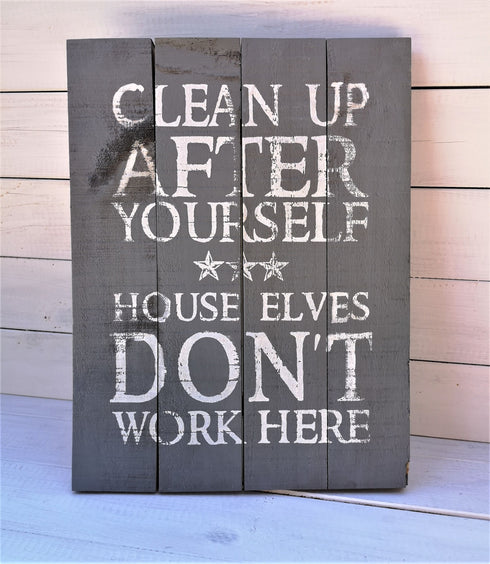 Vintage Dekoschild Massivholz House Elves, Shabby Chic, grau