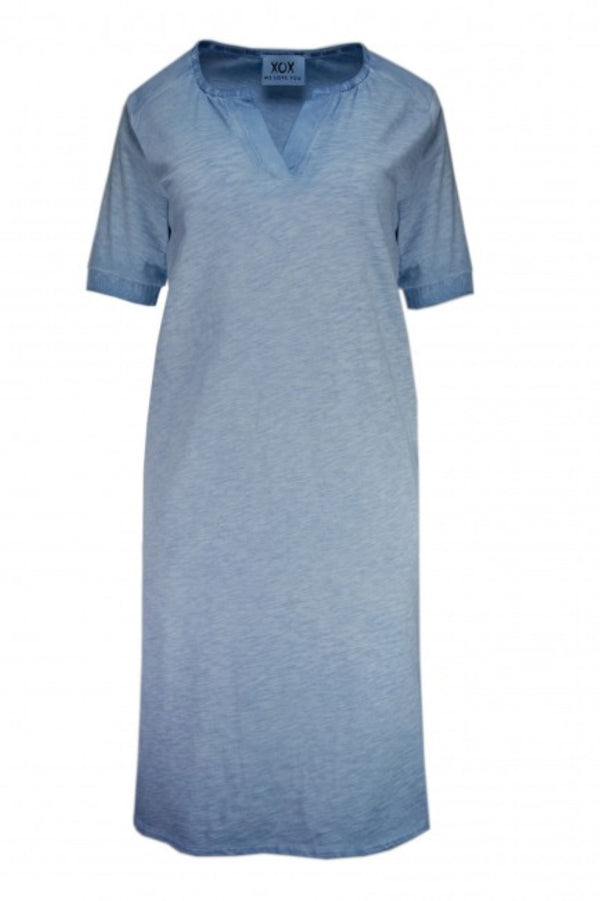 XOX Shirtkleid Kurzarm mit V-Ausschnitt, blau washed - Fair Trade