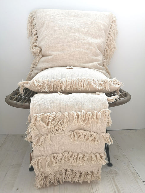 Kokon Boho Kissenhülle mit Fransen, Slap Cotton, creme