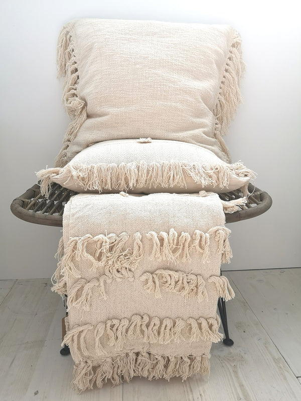 Kokon Boho Kissenhülle mit Fransen, Slap Cotton, creme