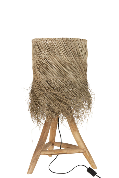 Tischlampe Tulum Raffia, Boho Stehlampe Teakholz natur