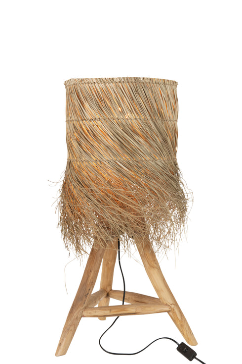 Tischlampe Tulum Raffia, Boho Stehlampe Teakholz natur