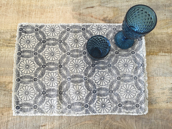 Kokon, Tischset Flower, natur-blau, 48x33cm