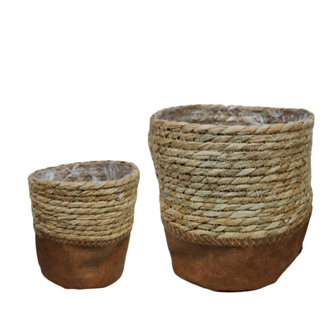 Planter Set 2tlg. Shabby Chic, Übertöpfe Seegras Leder, Pflanzkörbe