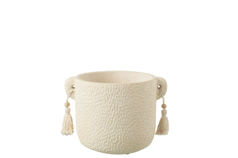 Übertopf Oman mit Kerben und Quasten, Blumentopf groß creme, 22x18x15,5cm