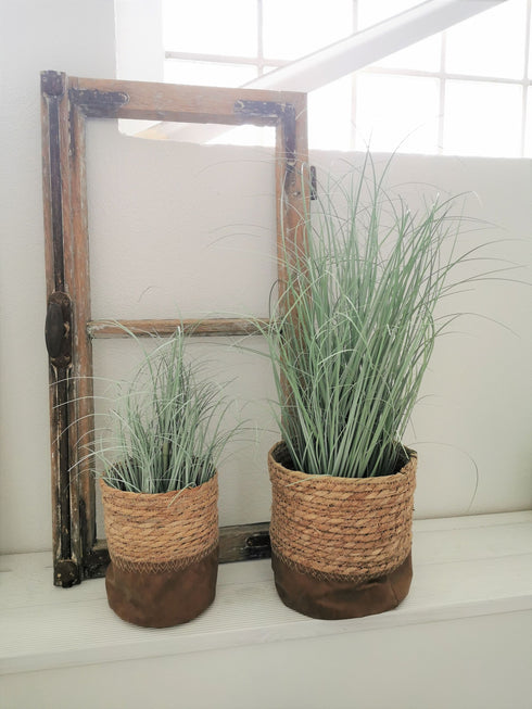 Planter Set 2tlg. Shabby Chic, Übertöpfe Seegras Leder, Pflanzkörbe
