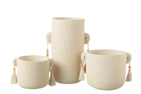 Dekovase Oman mit Kerben und Quasten, Blumenvase groß creme, 20x15x30cm