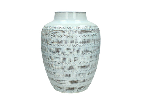 Handgefertigte Boho Terrakotta Vase mit Ethno Muster, weiß