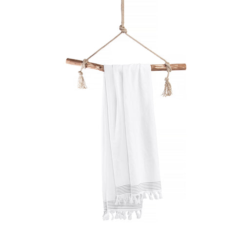 Walra Hammam Handtuch, Bade-, Duschhandtuch mit Quasten 100 x 180 cm, weiß-grau