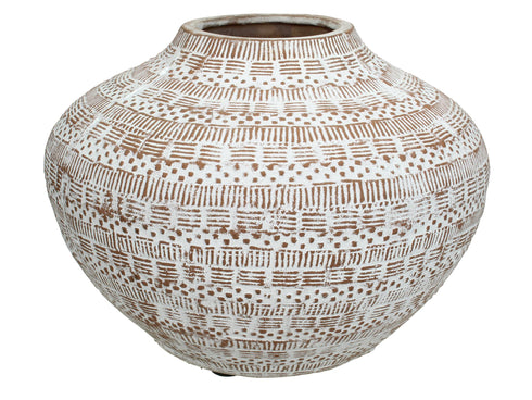Hochwertige Terrakotta Vase mit Ethno Muster, braun-weiss , breit