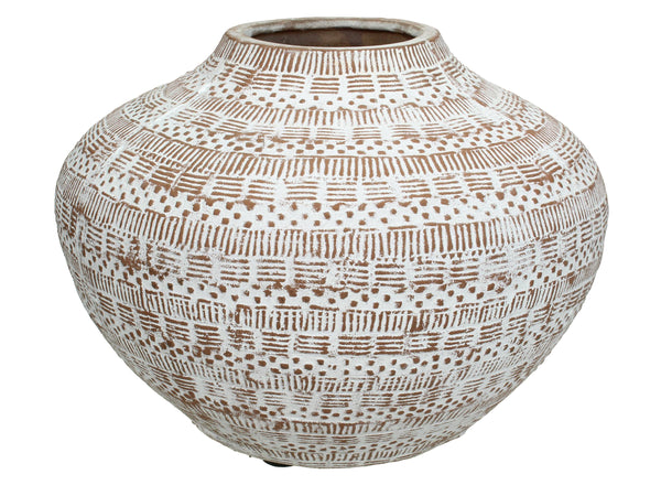 Hochwertige Terrakotta Vase mit Ethno Muster, braun-weiss , breit