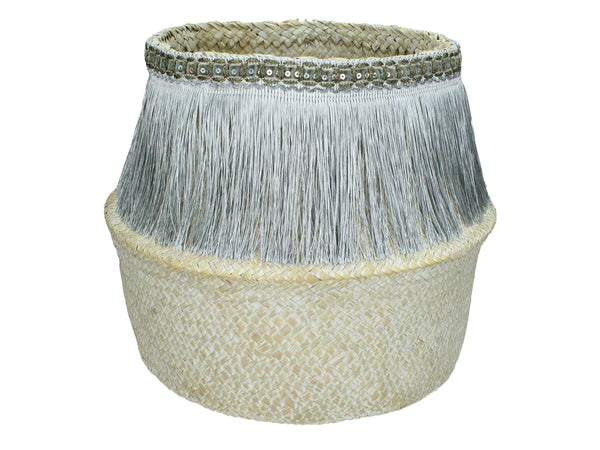 Boho Dekokorb mit silbernen Fransen, Aufbewahrungskorb, Pflanzkorb, vintage-weiß, mittel